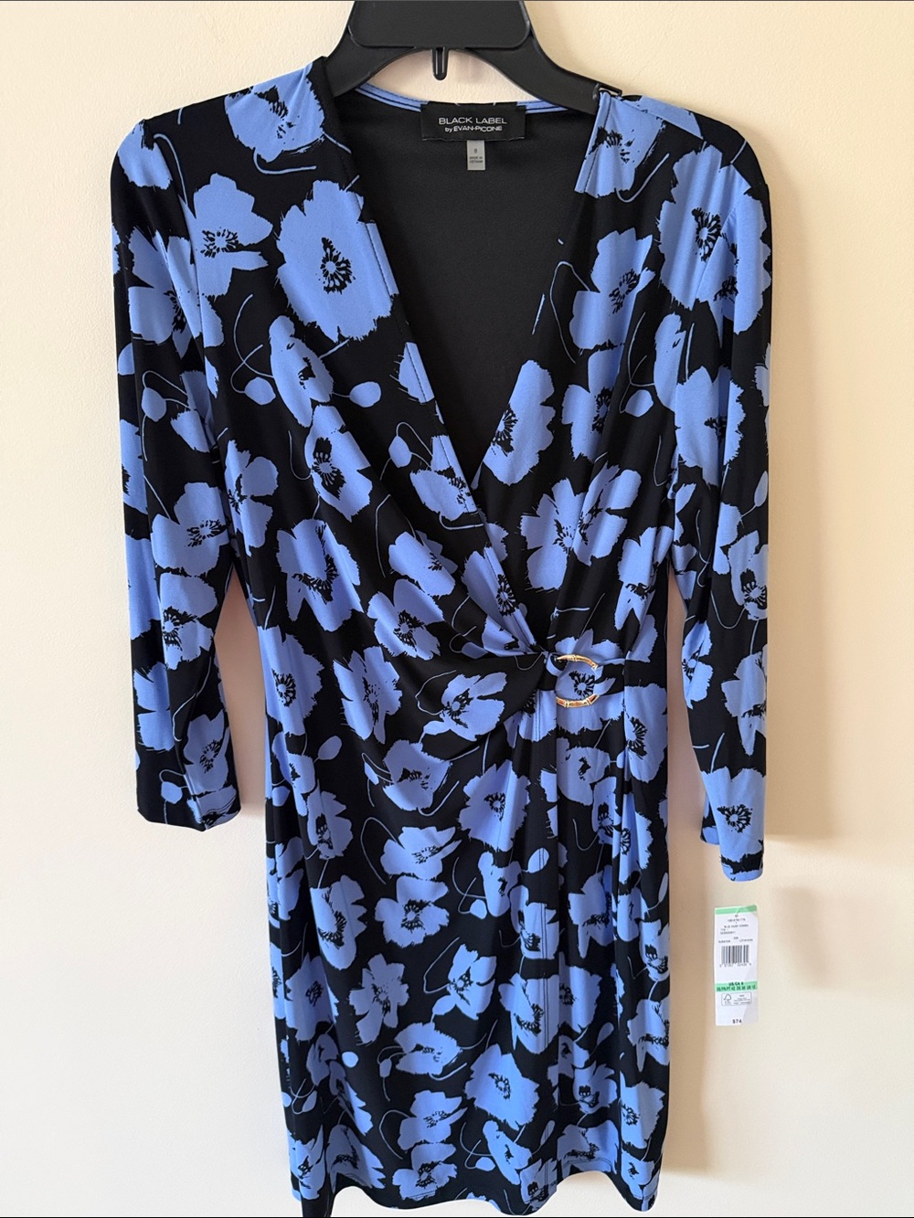 Black Label Blue Floral Faux-Wrap Long Sleeve Dress